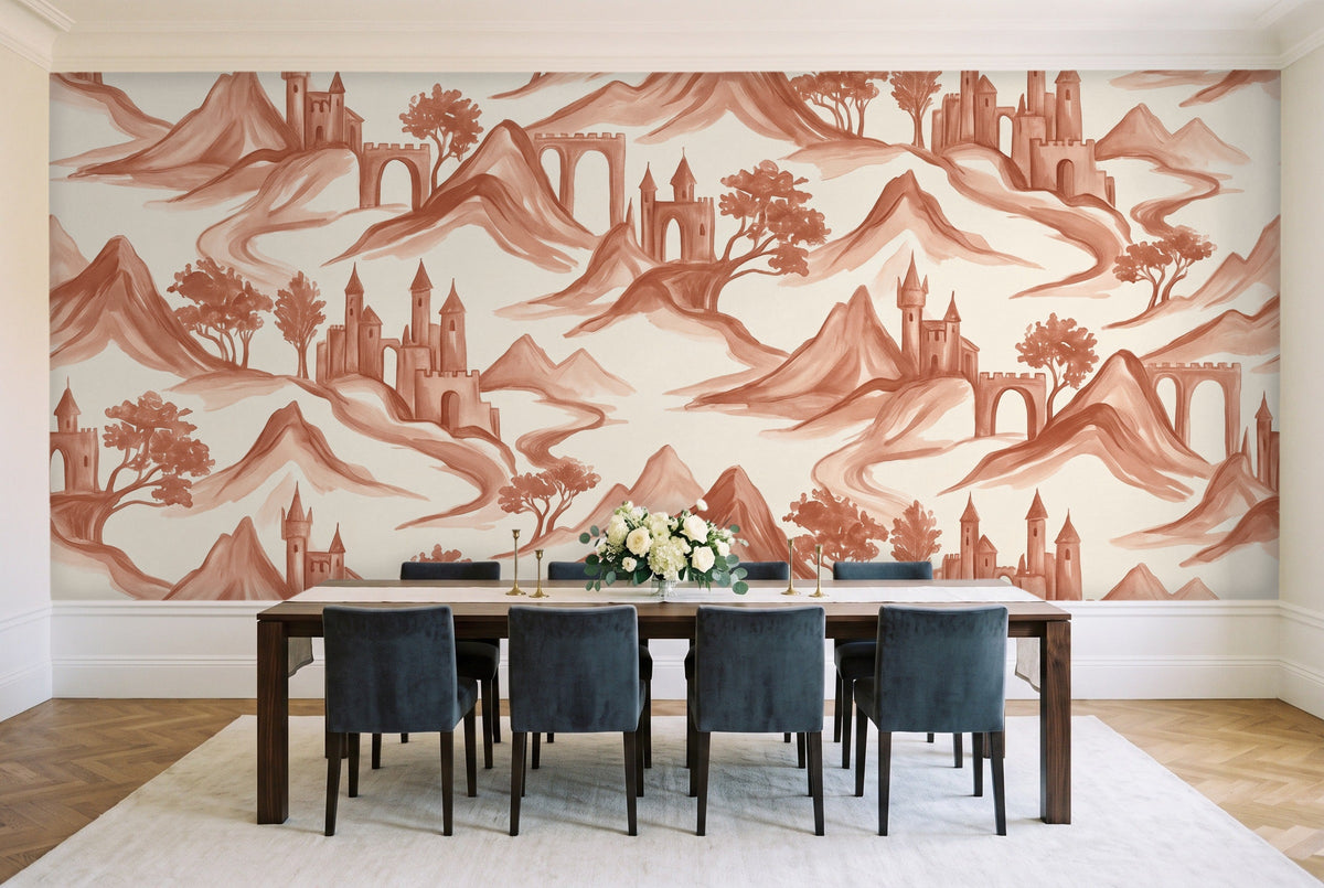 Terracotta Mountain Landscape Mural in a dining room