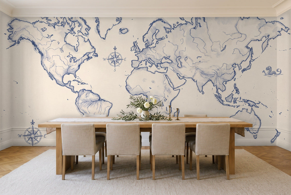 Blue And White World Map Map Mural in a dining room