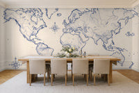 Blue And White World Map Map Mural in a dining room