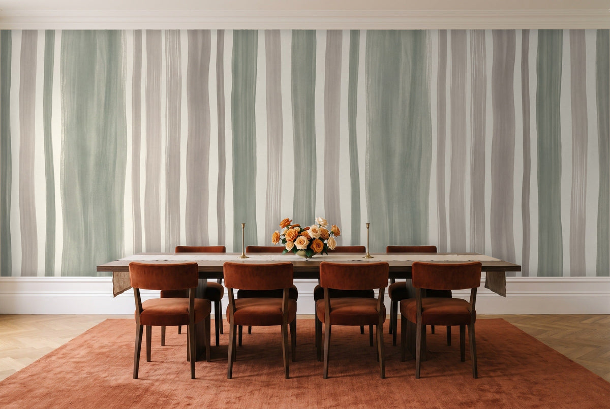 Sage Stripe Mural in a dining room