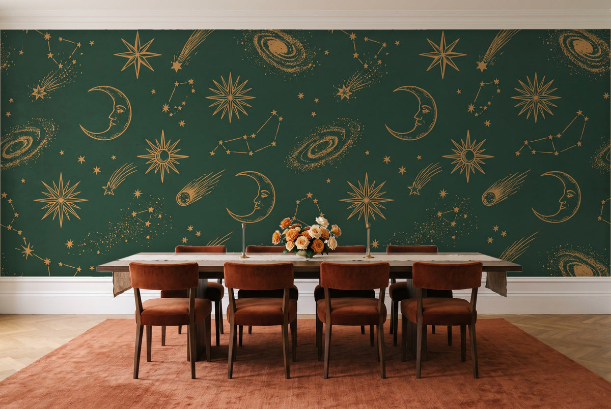 Green And Gold Stars Celestial Mural in a dining room