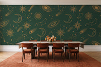 Green And Gold Stars Celestial Mural in a dining room