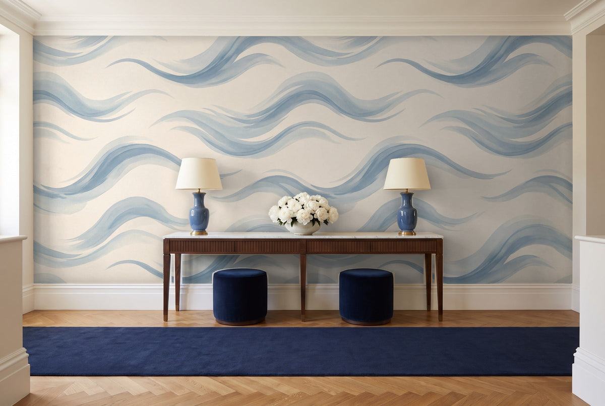 Light Blue Wave Abstract Mural in an entryway