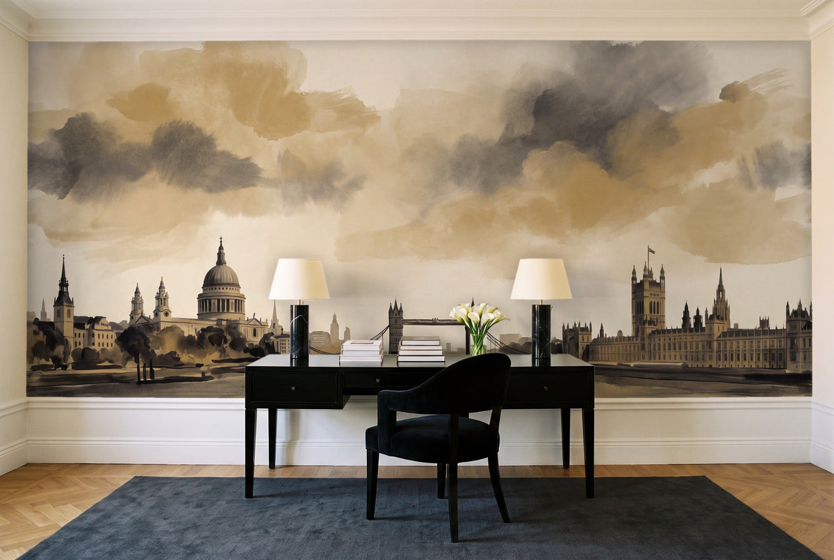 Black And Gold London Cityscape Mural in a home office