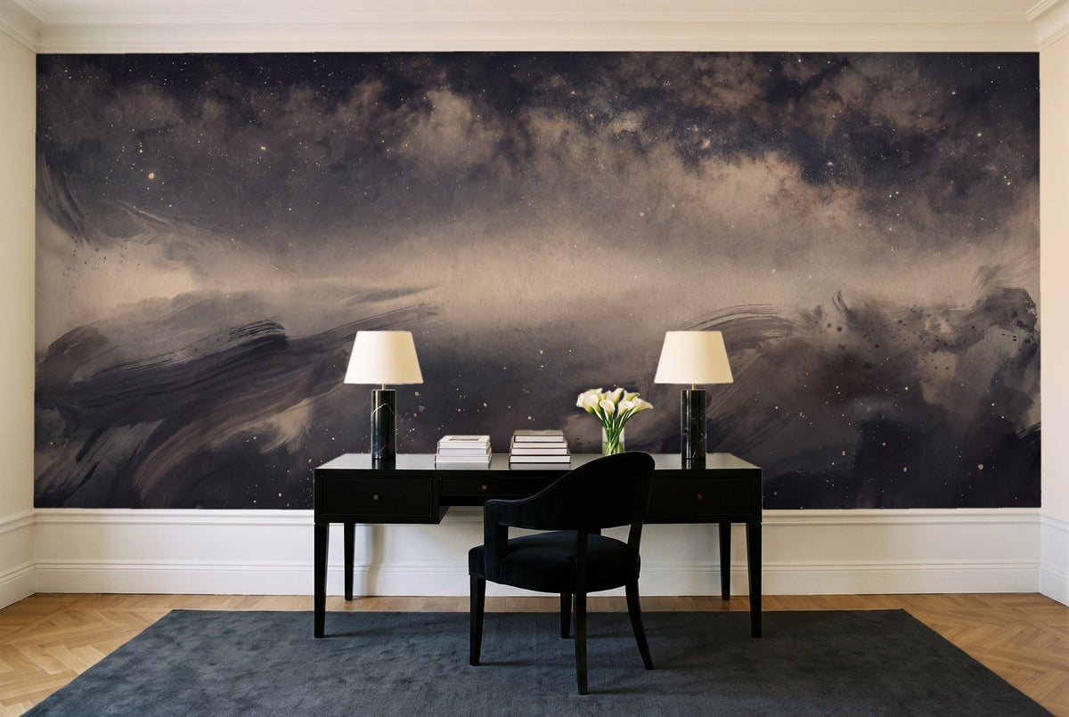 Black Galaxy Celestial Mural in a home office