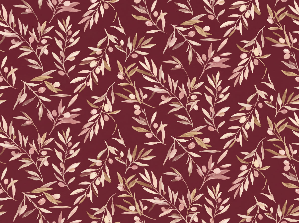 Burgundy Olive Branch Botanical Mural design