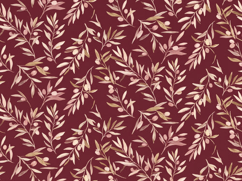 Burgundy Olive Branch Botanical Mural sample on the real paper