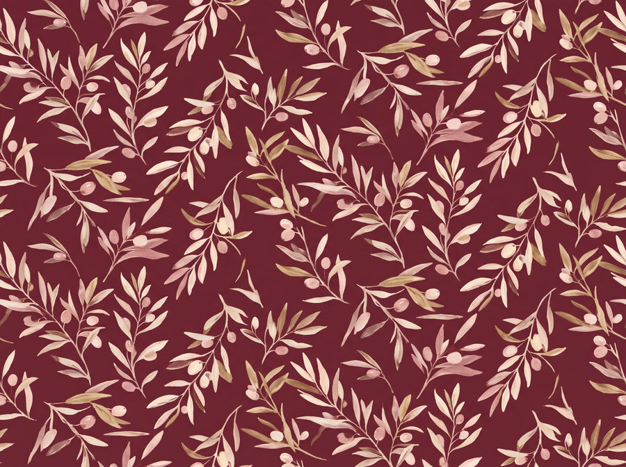 Burgundy Olive Branch Botanical Mural