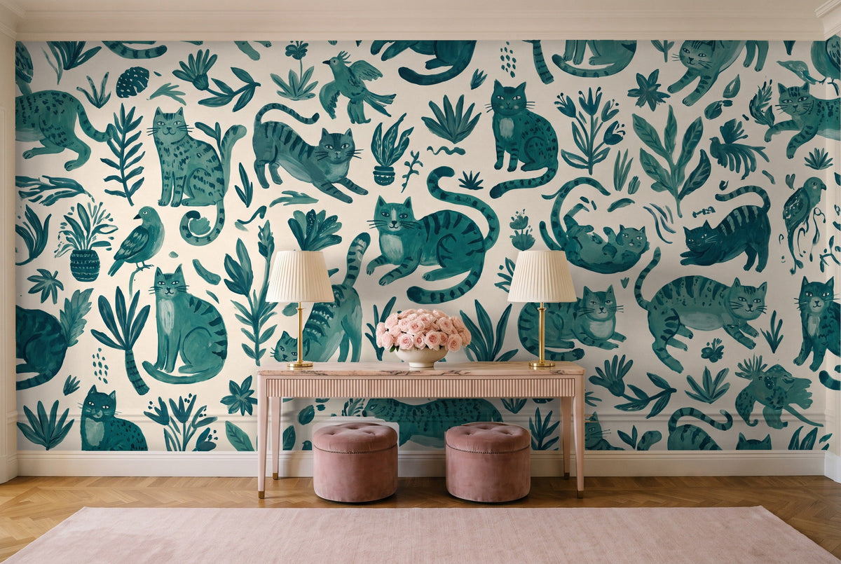 Teal Cat Animal Mural in an entryway