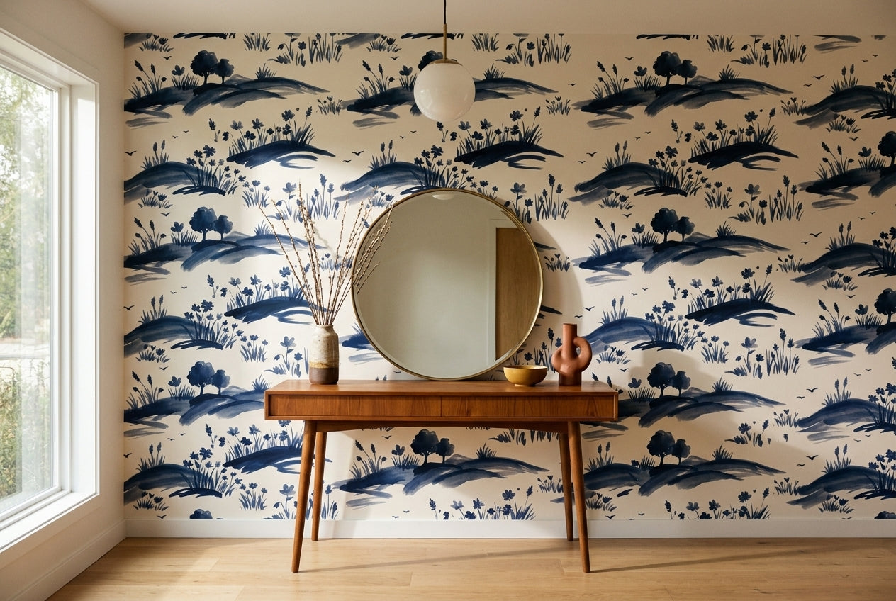 Navy Meadow Landscape Mural on a feature wall
