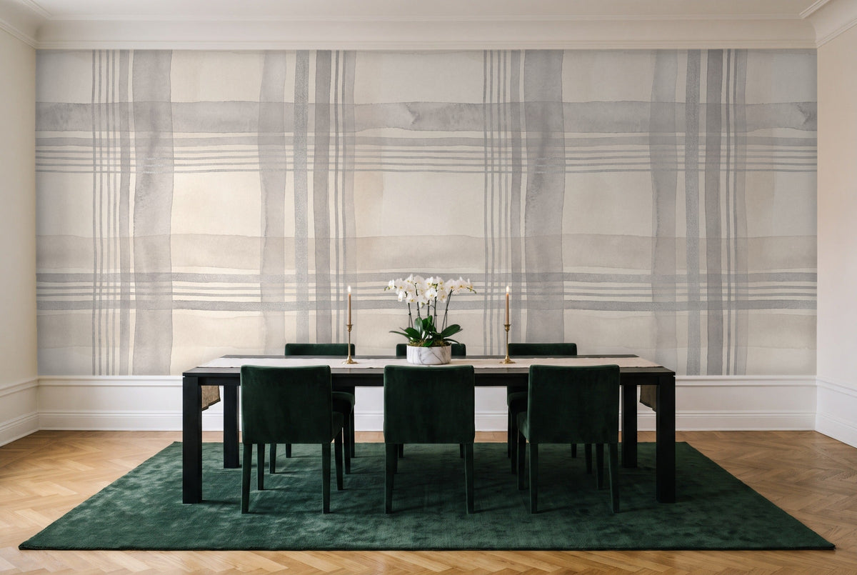 Grey Plaid Mural in a dining room