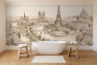 Beige Paris Cityscape Mural in a bathroom