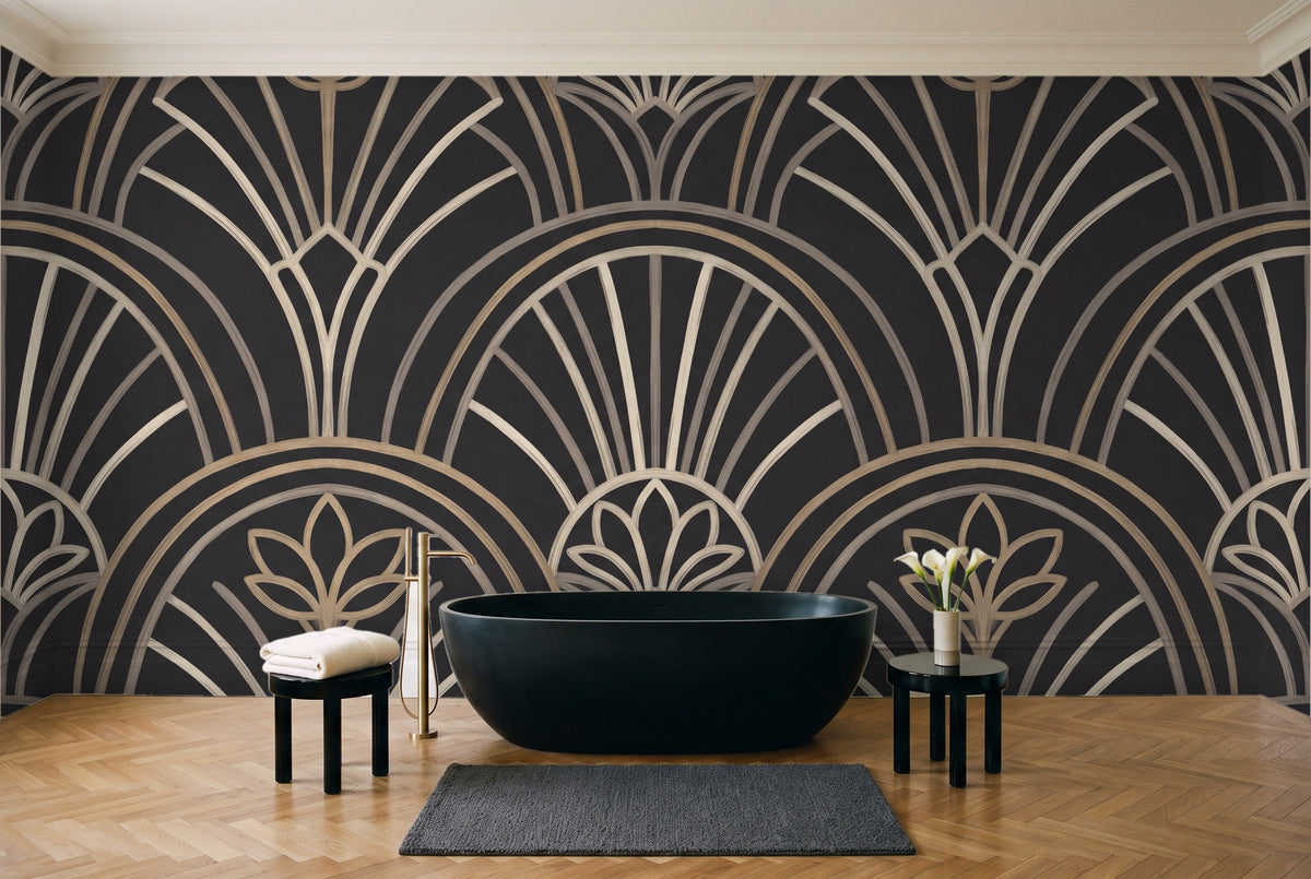 Black Art Deco Mural in a bathroom
