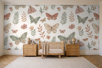 Green And Pink Butterfly Mural in a nursery