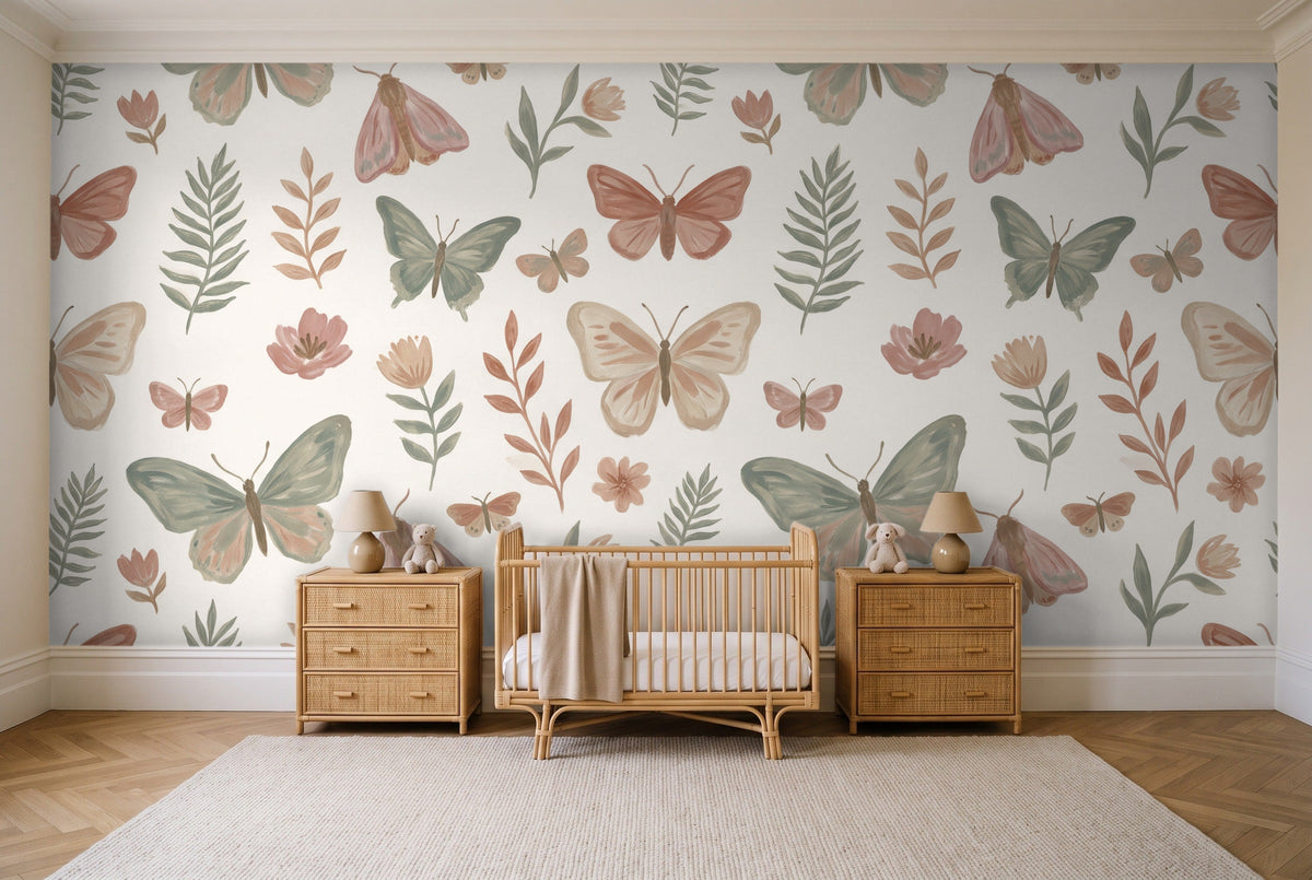 Green And Pink Butterfly Mural in a nursery