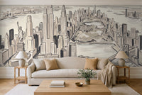 Cream New York Cityscape Mural in a living room