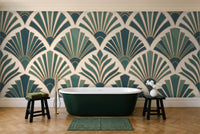 Teal Art Deco Mural in a bathroom