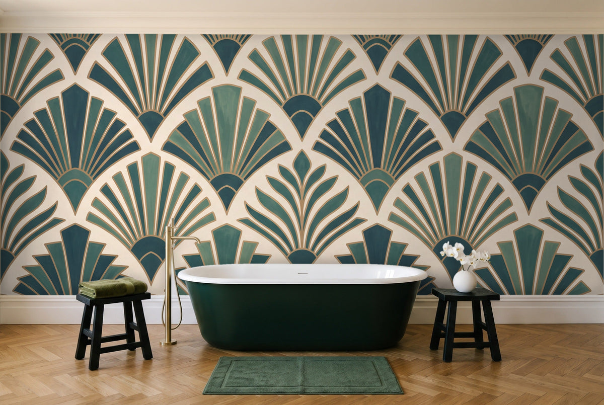 Teal Art Deco Mural in a bathroom