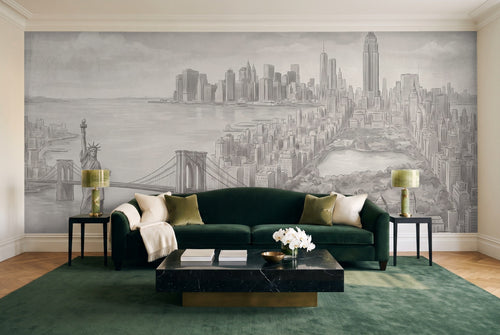 Grey New York Cityscape Mural in a living room