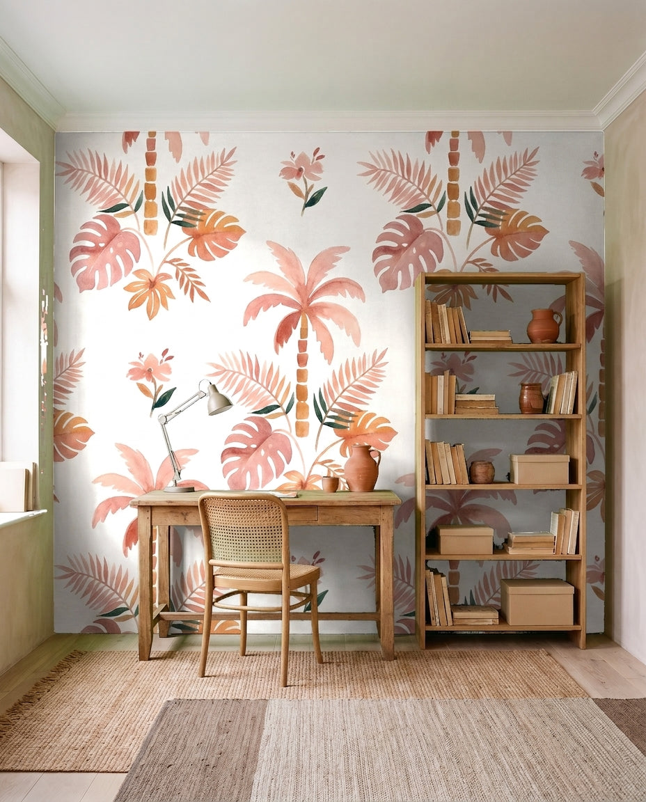 Blush Palm Tropical Mural in an interior