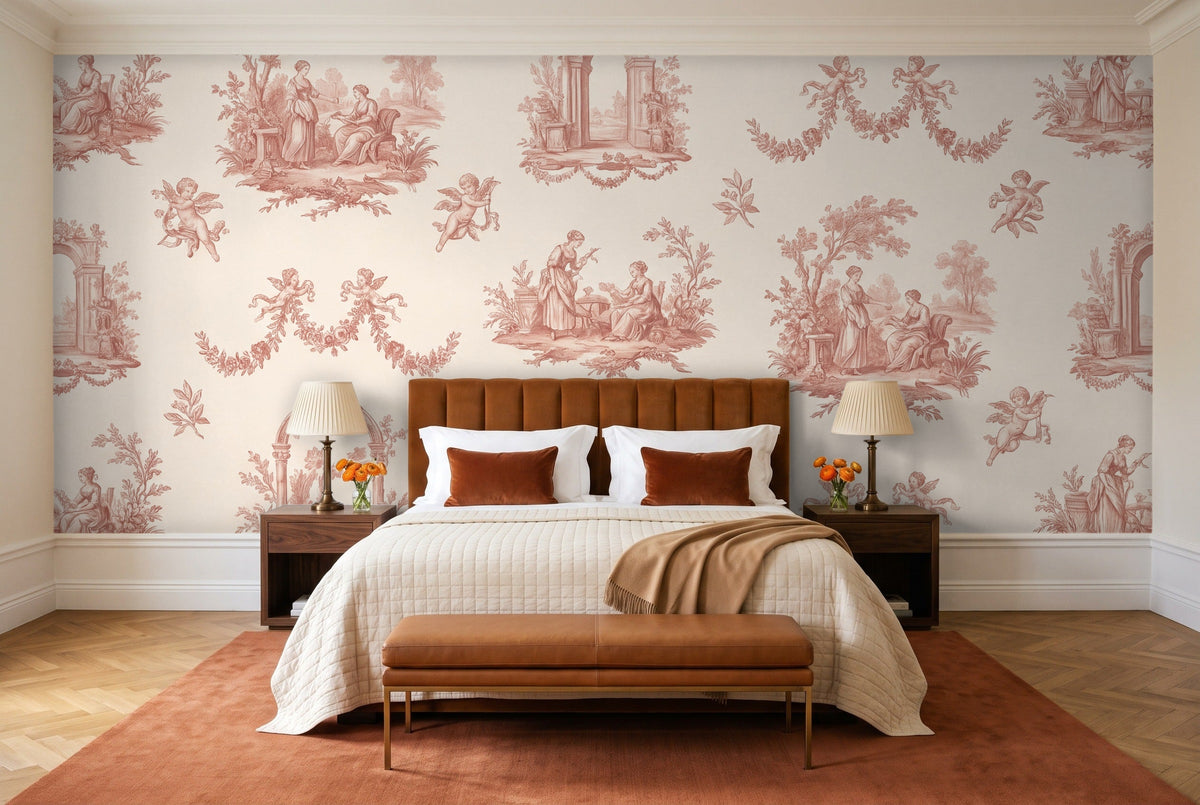 Blush Toile Mural in a bedroom