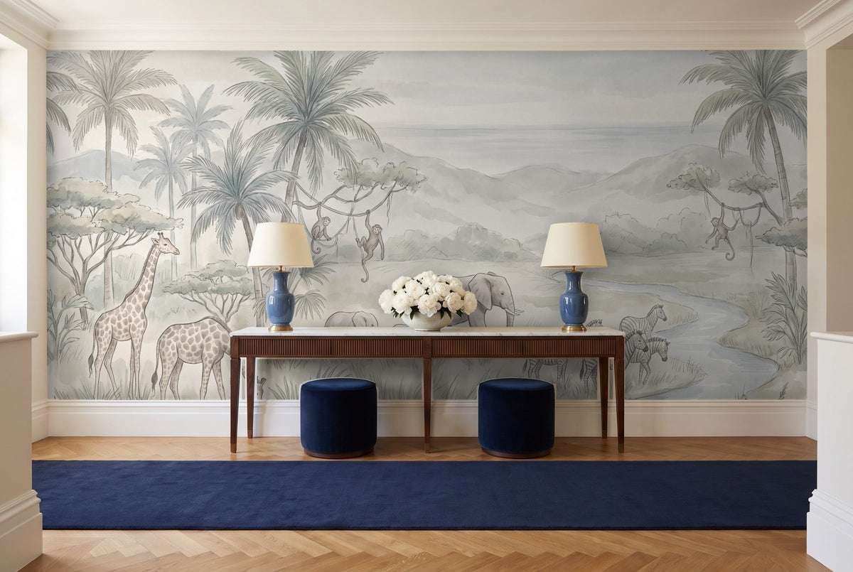 Sage Jungle Animals Landscape Mural in an entryway