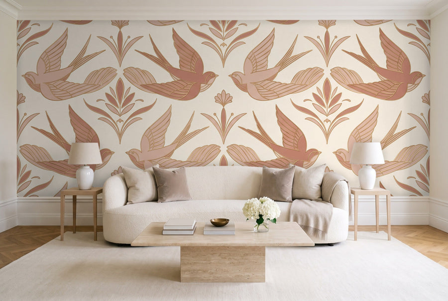 Blush Swallow Animal Mural on a wall