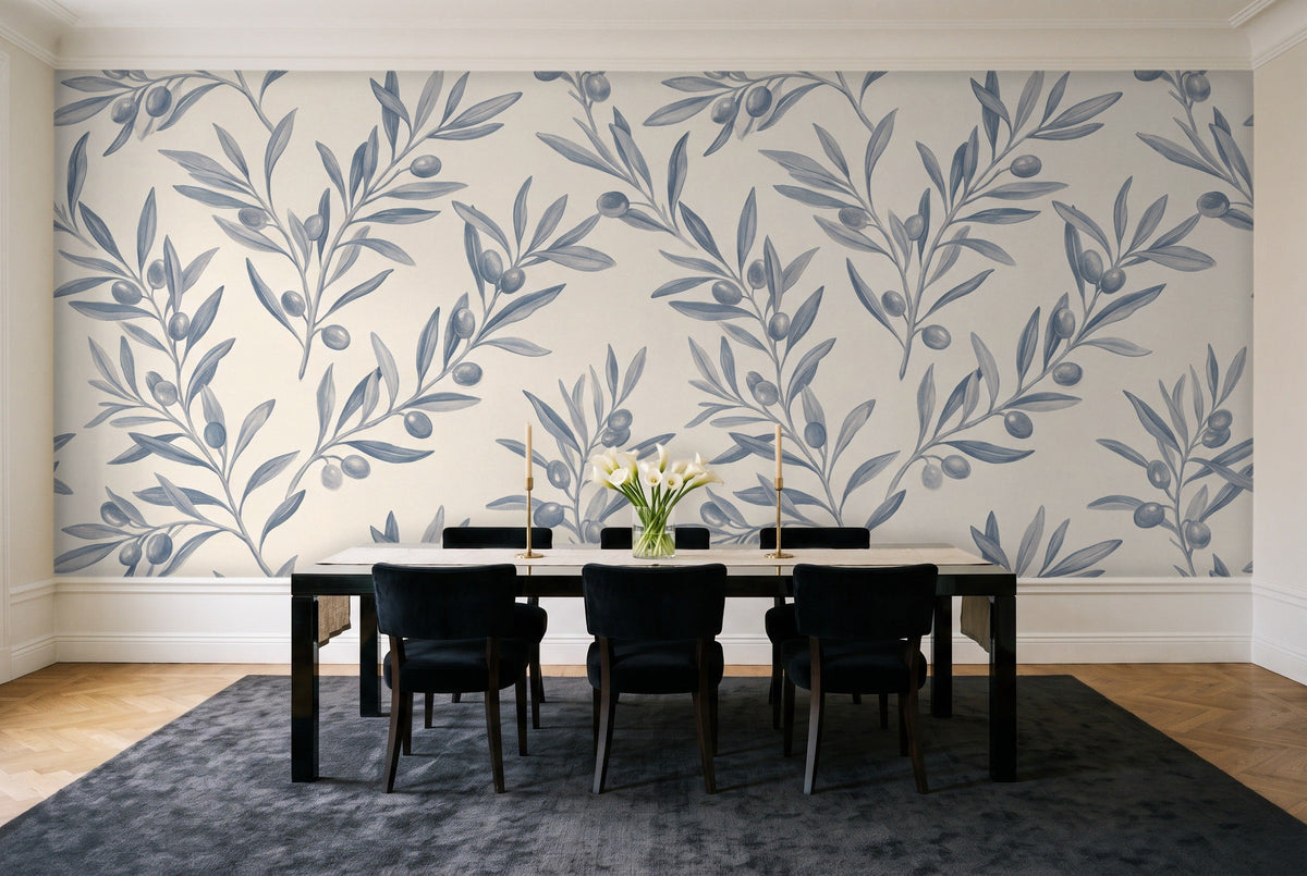 Blue And Grey Olive Branch Botanical Mural in a dining room