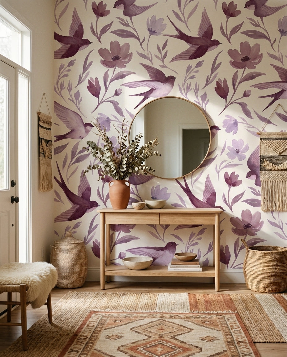 Purple Swallow Animal Mural on a feature wall