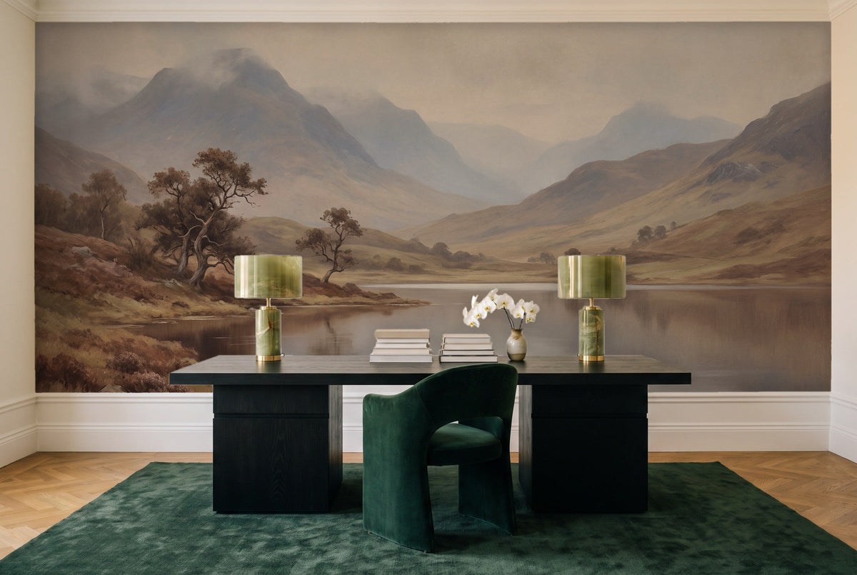 Blue And Grey Highlands Landscape Mural in a home office