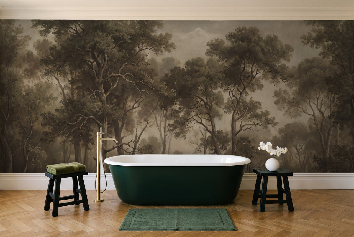 Olive Forest Landscape Mural in a bathroom