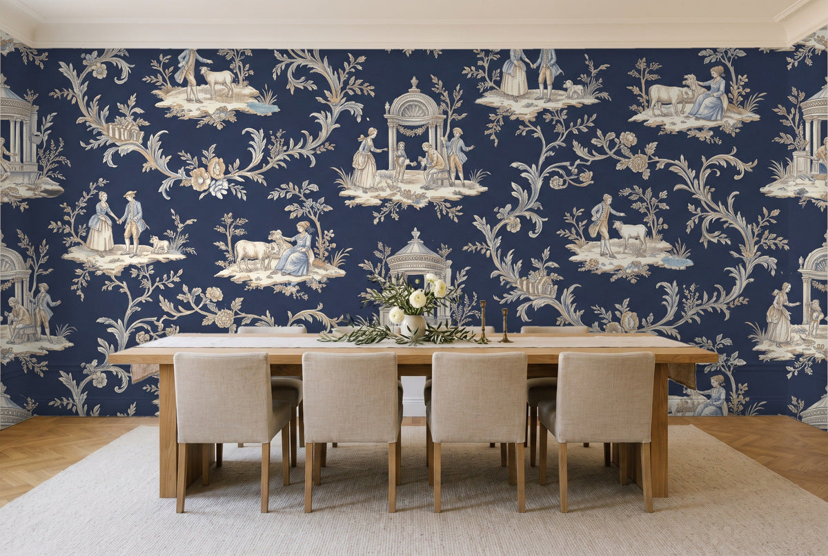 Navy Toile Mural in a dining room