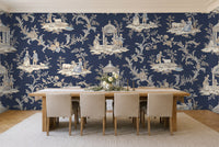 Navy Toile Mural in a dining room