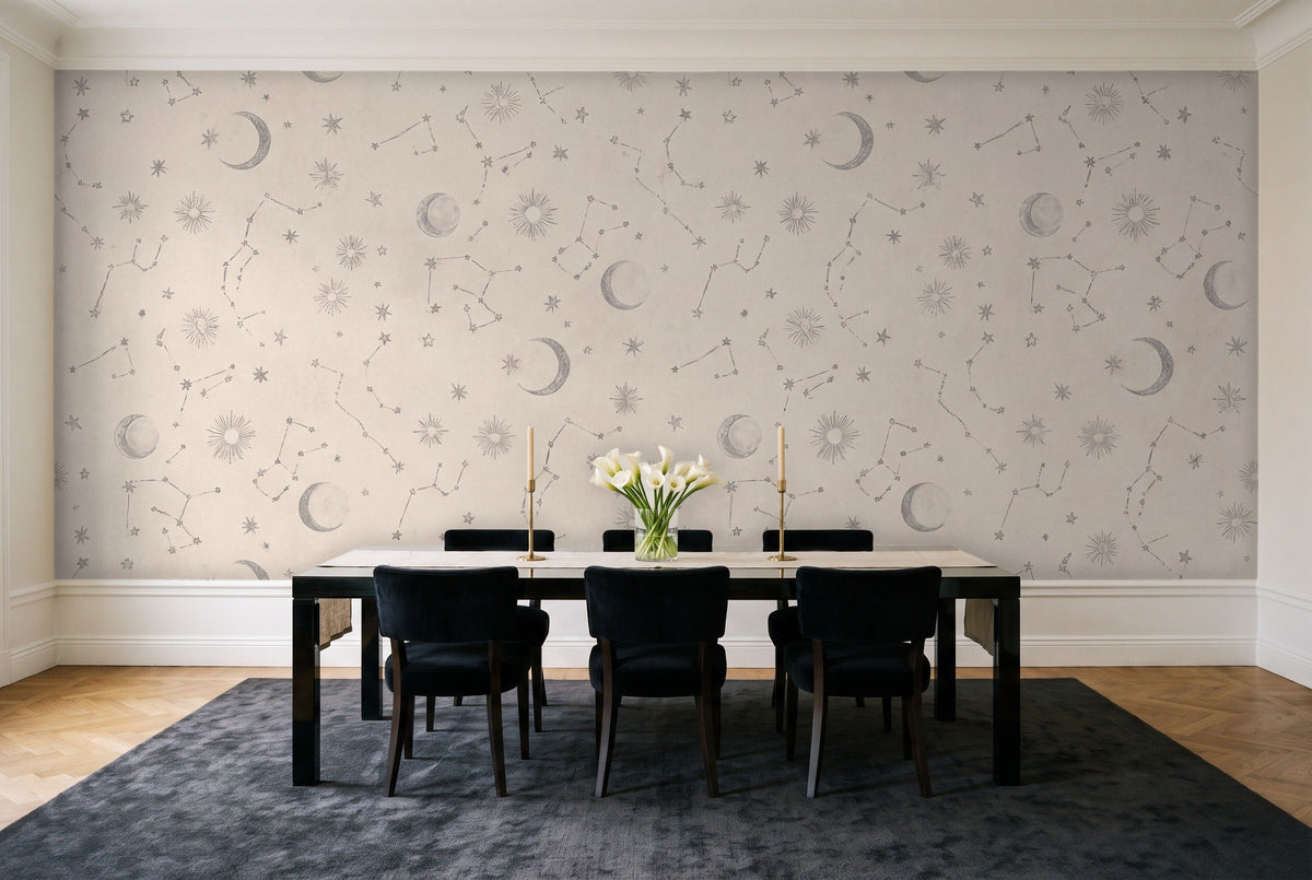 Grey Stars Celestial Mural in a dining room