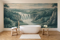 Teal Waterfall Landscape Mural in a bathroom