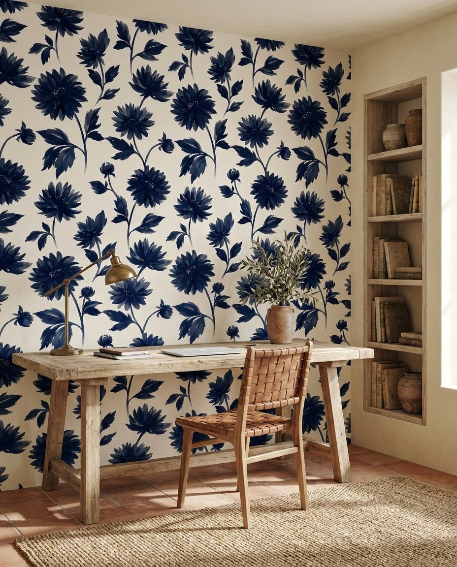 Navy Dahlia Floral Mural in an interior