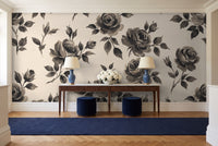 Black And White Rose Floral Mural in an entryway