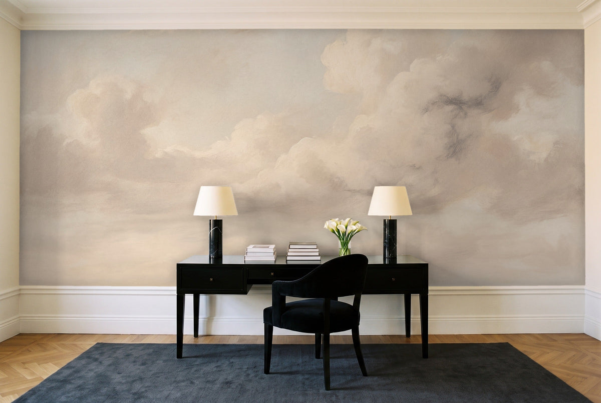 Cream Clouds Landscape Mural in a home office
