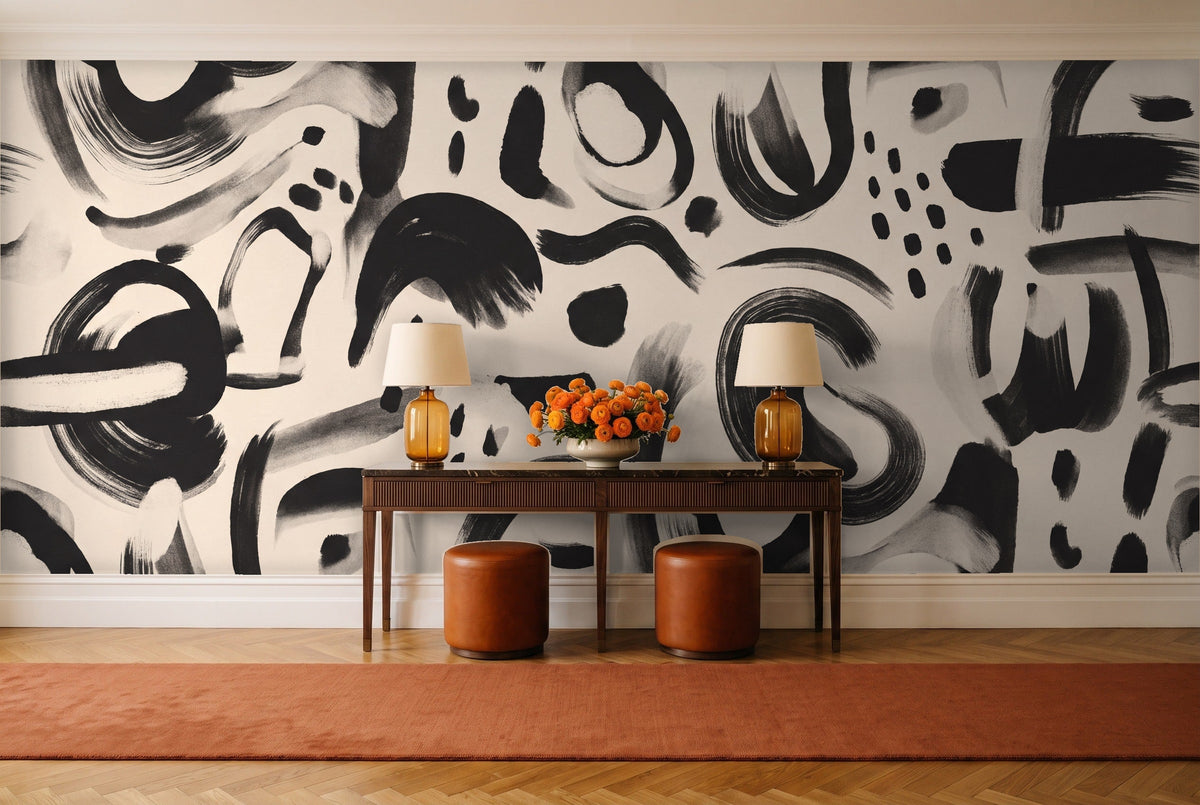 Black And White Brushstroke Abstract Mural in an entryway