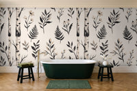 Black And White Birch Botanical Mural in a bathroom