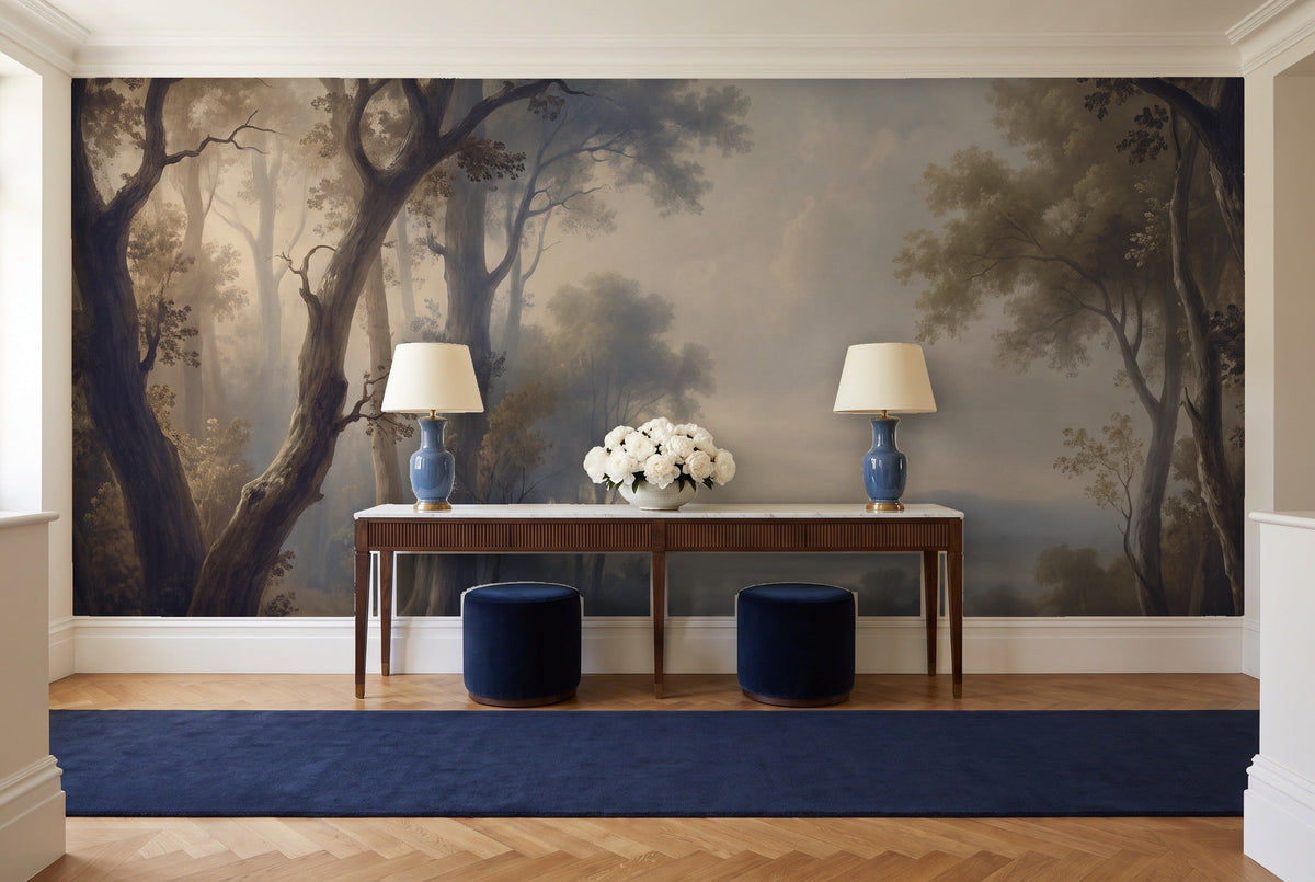 Navy Forest Landscape Mural in an entryway