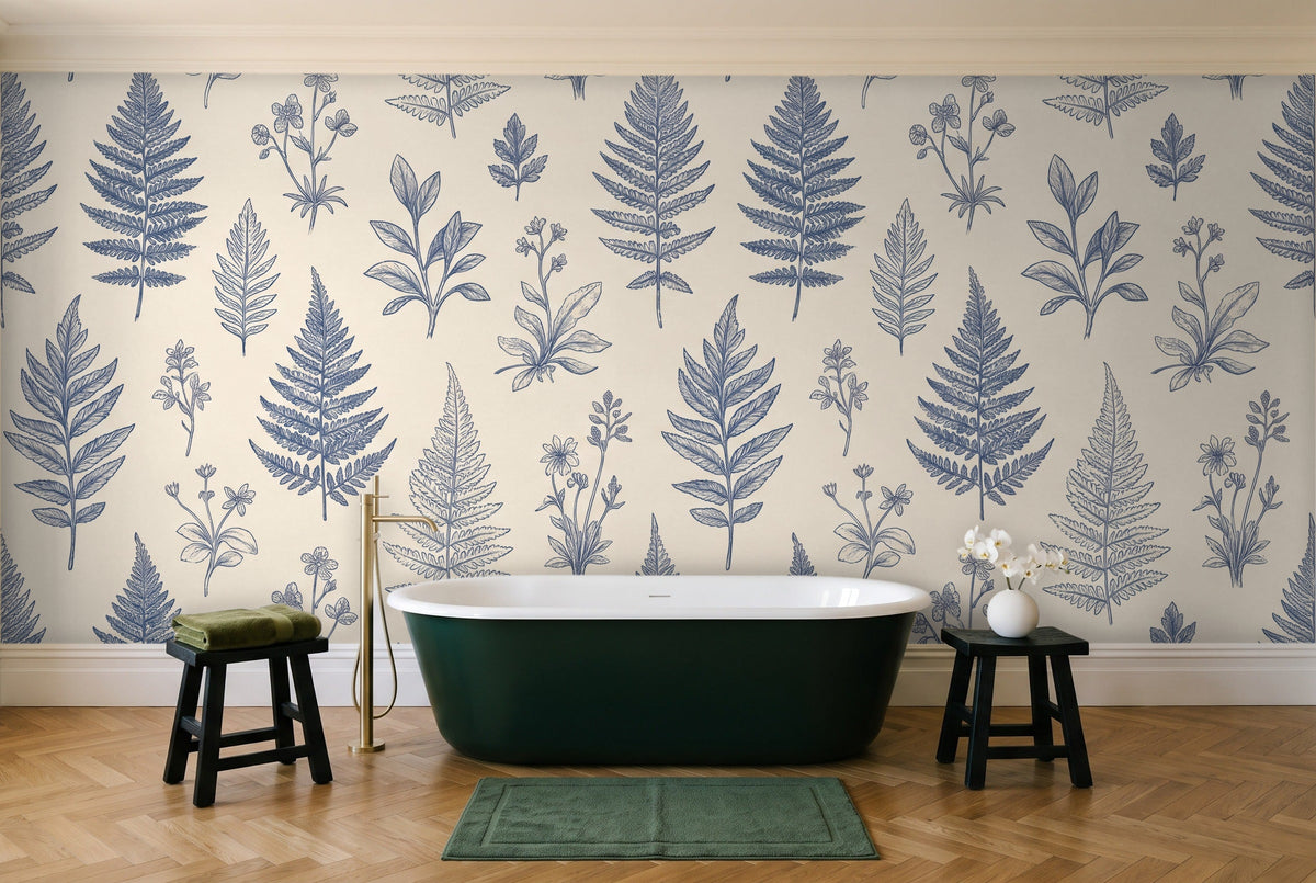 Blue And White Fern Botanical Mural