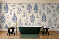 Blue And White Fern Botanical Mural in a bathroom