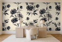 Black Peony Floral Mural in a home office