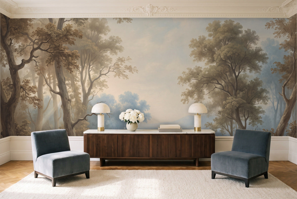 Light Blue Forest Landscape Mural in a living room