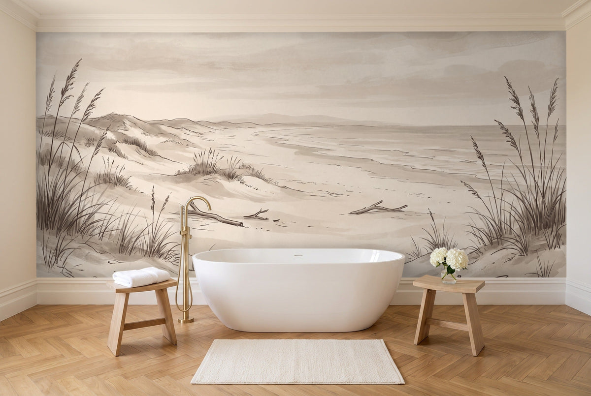 Beige Beach Landscape Mural in a bathroom