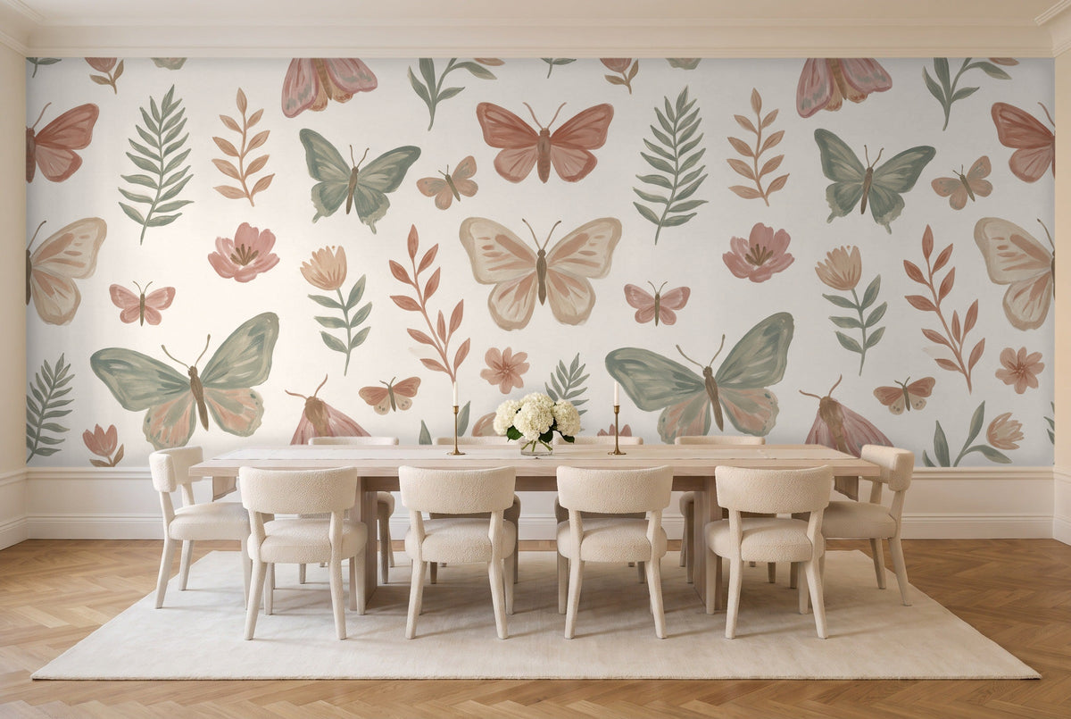 Green And Pink Butterfly Mural in a dining room