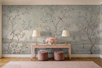 Sage Chinoiserie Garden Chinoiserie Mural in an entryway