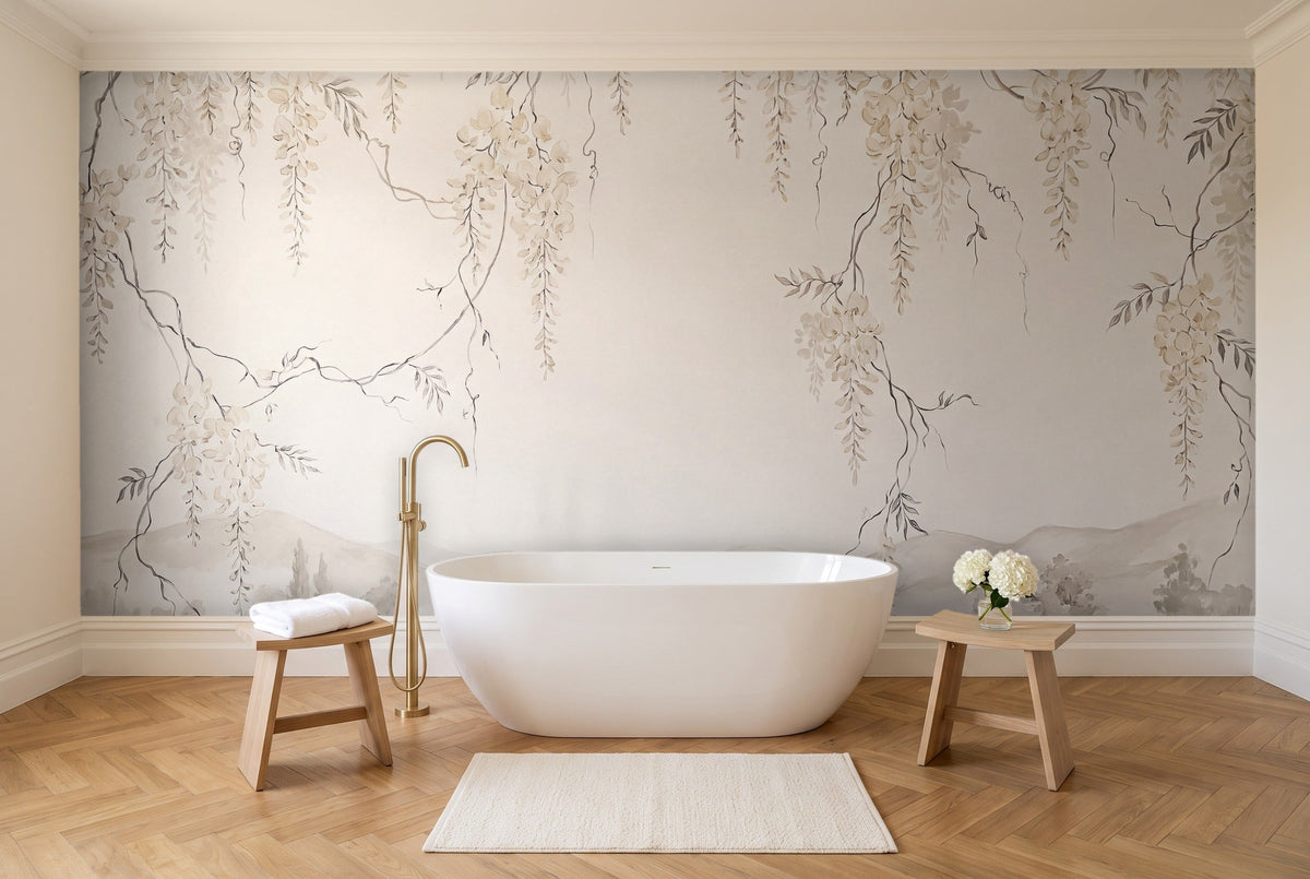 Cream Wisteria Floral Mural in a bathroom