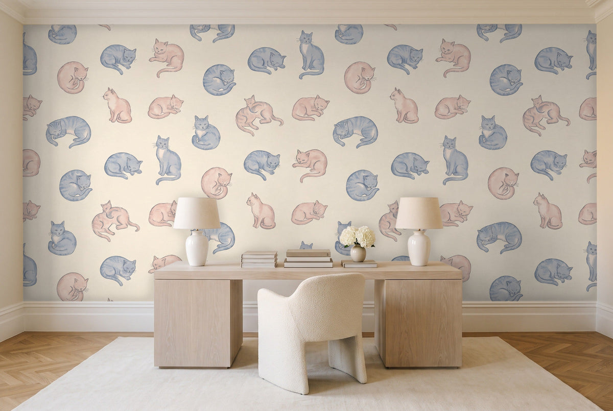 Blue And Pink Cat Animal Mural in a home office